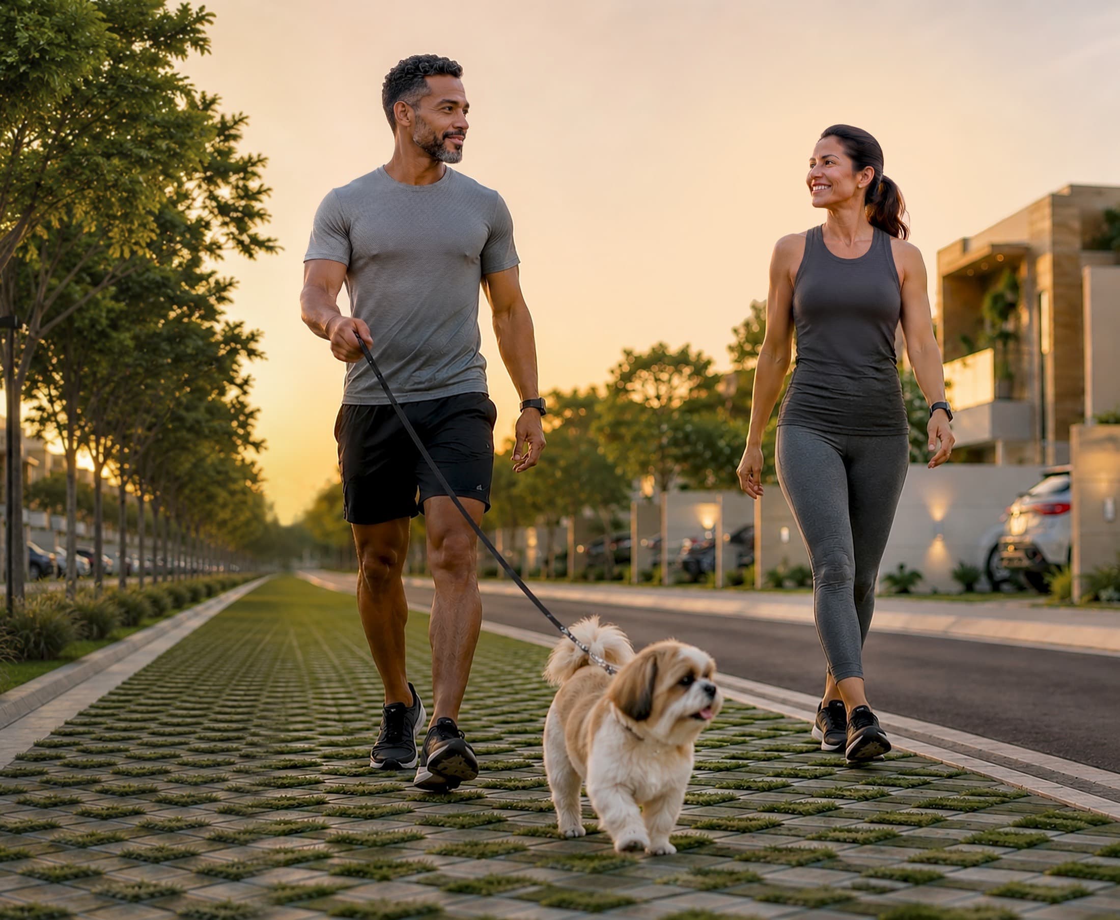 Casal passeando com o cachorro nas ruas arborizadas do Veritas